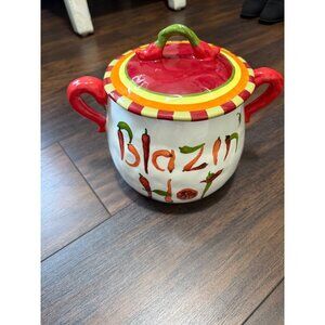 Cracker Barrel Pottery Canister White Red Mexican theme Blazin Hot